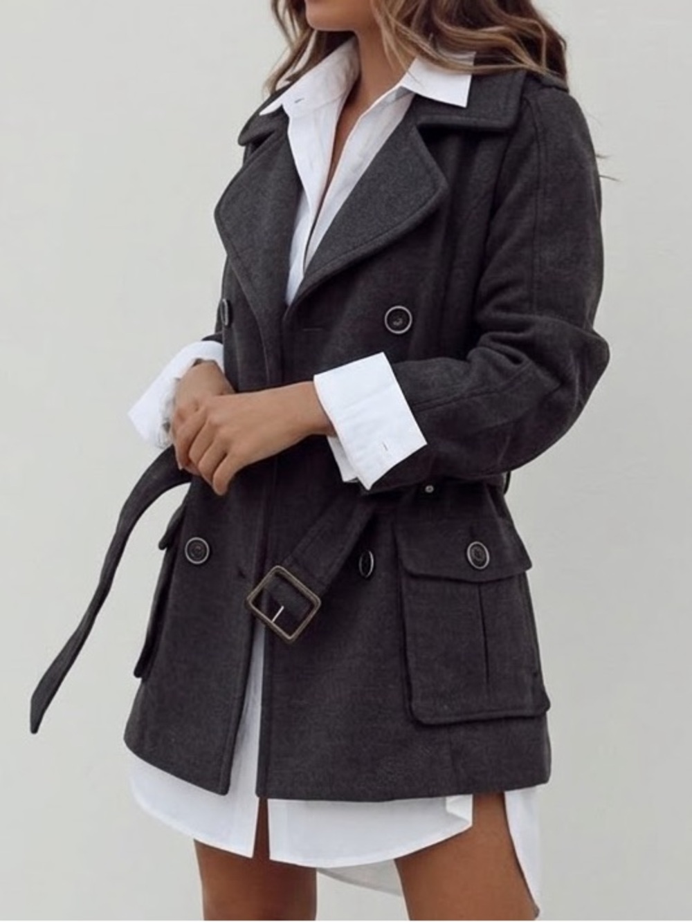 Hydraulic Dark Gray Belted Double Breasted Pea Coat Floral Lined M